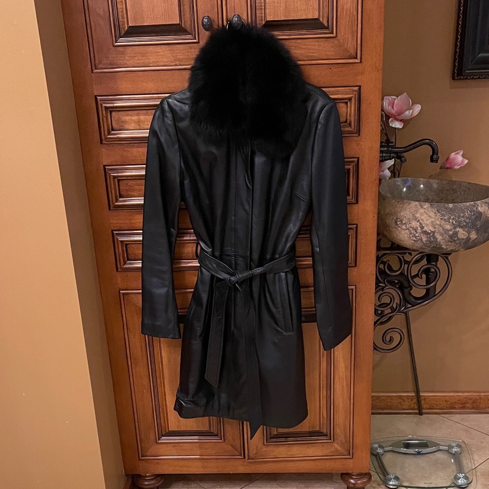 Marvin Richards Black Leather Coat with Fur Collar